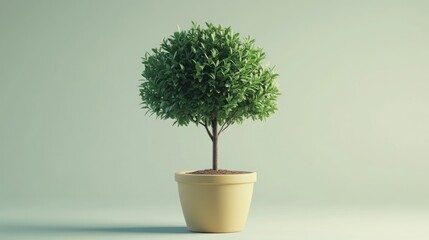 Obraz premium Small potted tree with round crown on pale background.