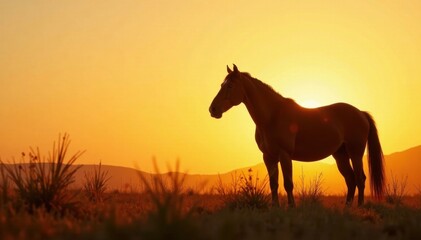 Silhouette of a horse standing in a field with tall grass, rural, countryside