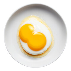 Two fried omelette eggs lie on a white round plate on a transparent and white background. PNG.