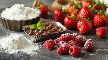 Fresh strawberries and raspberries arranged with whipped cream and chocolate dessert on a table