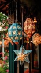 Naklejka premium Festive Hanging Lanterns Stars Batik Patterns Home Decor Teal Orange