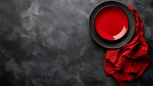 Red plate, dark background, linen napkin, overhead view, food blog