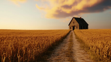 Serene Countryside Scene at Sunrise with Rustic Farmhouse and Golden Wheat Field