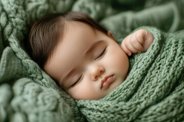 Generative AI image of a sleeping newborn baby in a cozy knitted outfit during a serene photo shoot