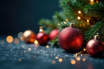 Naklejka premium Sparkling ornaments scattered on a dark background, Christmas Tree, Winter Wonderland