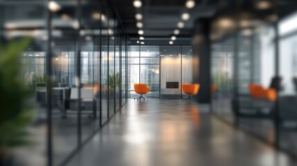 Beautiful blurred background of a modern office interior in gray tones with panoramic windows, glass partitions, and orange accents.