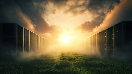 Sustainable Green Data Center with Renewable Energy Cooling Systems, Innovative IT Infrastructure, 3D Visualization