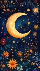 Fototapeta premium Celestial Moon Stars Flowers Night Sky Fantasy Art