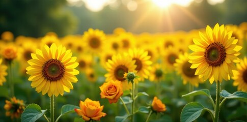 sunflower field with yellow and orange roses blooming, garden, yellow, orange