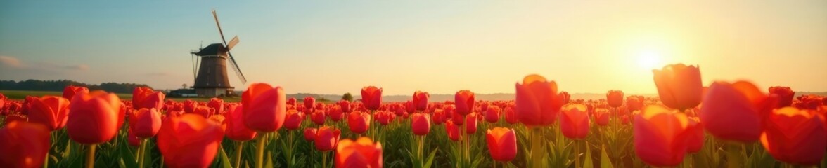 Sunlit field of tulips swaying gently in the breeze near a windmill, petals, nature