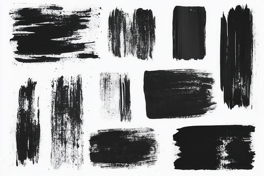 Distressed black paint lines and brush marks collection for creative projects, banners, artistic designs, and textured backgrounds, perfect for graphic designers and illustrators
