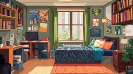 A flat design vector of a college dorm room with neatly arranged furniture, bookshelves, and cozy decorations, colorful and detailed
