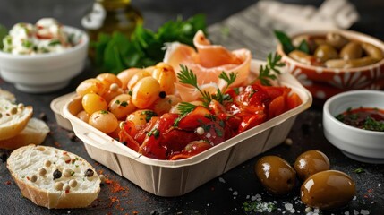 A vibrant spread of gourmet antipasto featuring olives, peppers, and cured meats on a rustic table