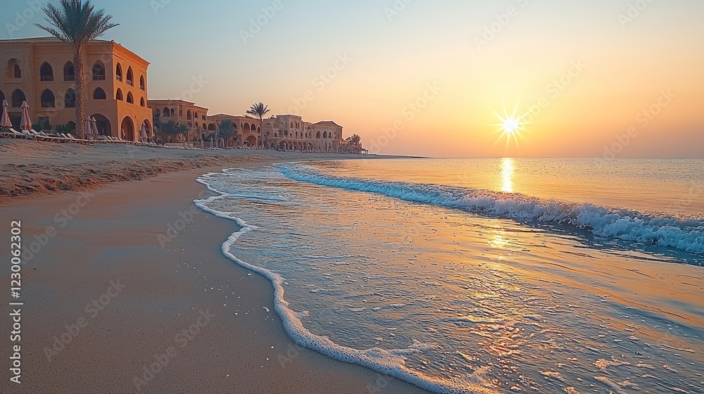 Wall mural Sunrise over beach resort, ocean waves, golden hour