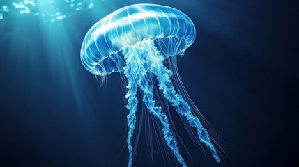 A luminous jellyfish floats gracefully in the deep ocean, backlit by sunlight.