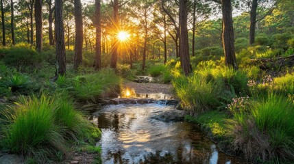 Fototapeta premium Sunset stream in pine forest, tranquil nature scene, perfect for relaxation
