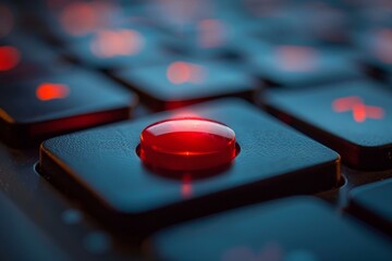 Red keyboard button glowing on a modern keyboard in the dark, concept image for technology, communication or internet