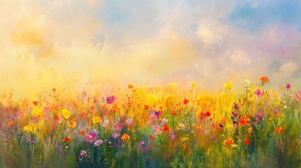 Fototapeta premium Colorful Flower Field Under a Golden Sky at Sunrise or Sunset