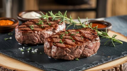Two medium-rare steaks on a black stone plate. The steaks are juicy, seasoned with such herbs. generative AI