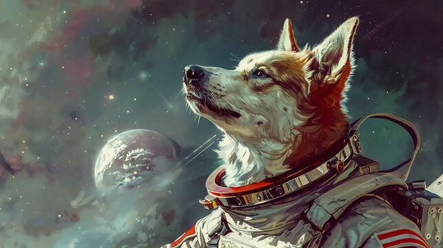 dog in space suit gazes at distant planets, embodying curiosity and adventure in cosmos