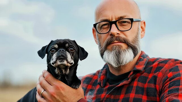 Bald White Male Wearing Plaid Long Sleeve Shirt and Glasses Holding Black Pug Outdoors on a Clear Day
