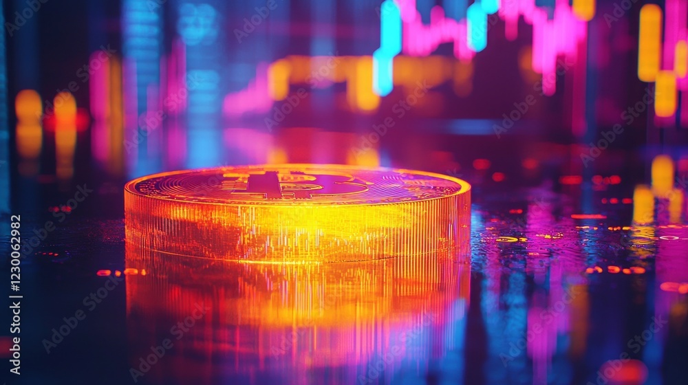 Poster A radiant bitcoin illuminates a dark surface, casting reflections while colorful digital graphs and market data create a dynamic atmosphere, symbolizing the pulse of cryptocurrency trading