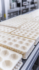 Biodegradable trays arranged in factory setting, showcasing sustainability