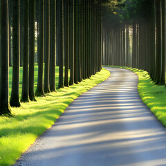 Winding road, tree tunnel, morning sun
