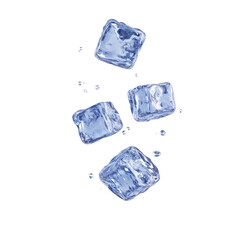 Obraz premium Four ice cubes falling, creating splashes of water, showcasing a refreshing and cool element.