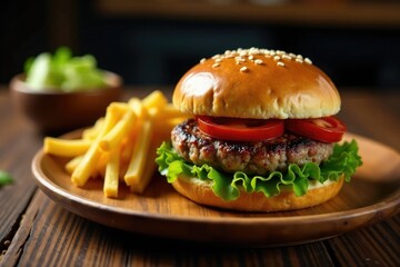 A grilled burger on a wooden plate with sauce, burger, patty