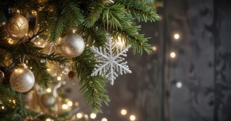 Snowflakes gently falling on a beautifully decorated Christmas tree branch with ornaments and garlands, winter scene, xmas branch