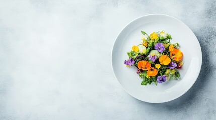Vibrant spring salad adorned with edible flowers, emphasizing freshness, creativity, and a seasonal diet on a pristine white plate