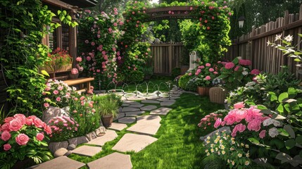 Lush garden pathway adorned with vibrant flowers and greenery, creating a serene outdoor retreat