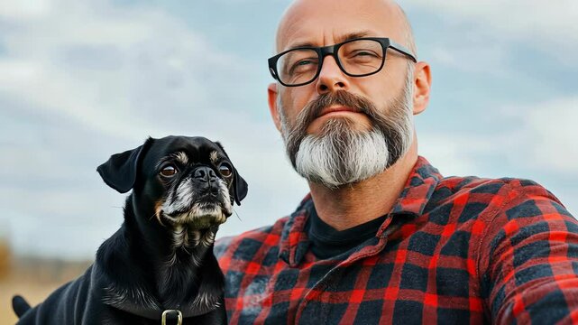 Bald White Male Wearing Plaid Long Sleeve Shirt and Glasses Holding Black Pug Outdoors on a Clear Day