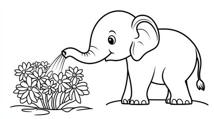 Obraz premium A joyful elephant watering flowers illustrates a fun coloring activity Perfect for children to explore their creativity and enjoy nature themes, Outline