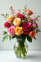 Obraz premium A mix of colorful roses and other flowers in a large vase, centerpiece, color