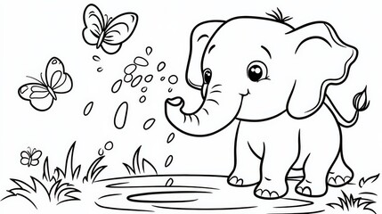 Naklejka premium A charming illustration featuring a cute elephant surrounded by butterflies Perfect for children's art projects and nature-themed designs, Outline