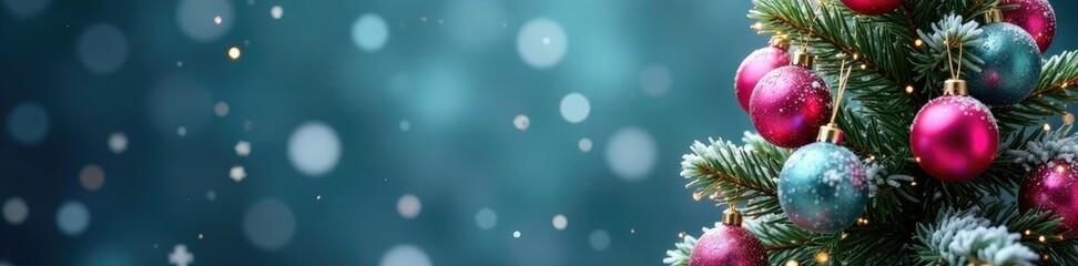 Fototapeta premium A pink ball garland draped over the top of a slim Christmas tree, winter wonderland, slim christmas tree, snowflakes