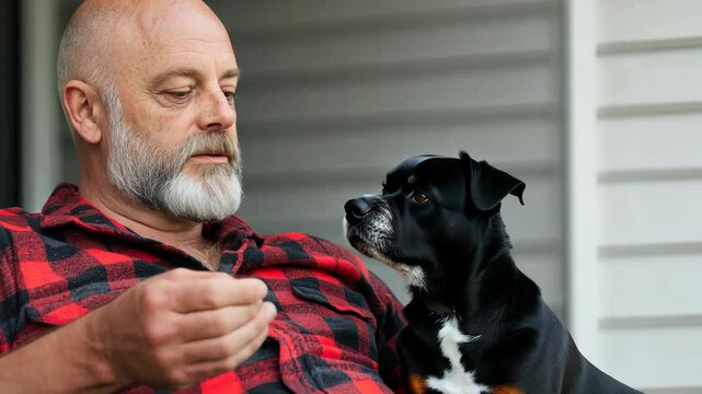 Bald White Male in Plaid Red Shirt Sitting with Black Dog on Porch, Relaxed Scene, Cozy Autumn Vibes, Home Lifestyle, Calm Atmosphere
