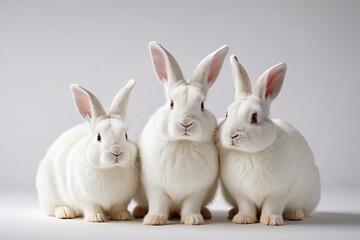 Obraz premium three white rabbits are sitting next to each other on a white surface