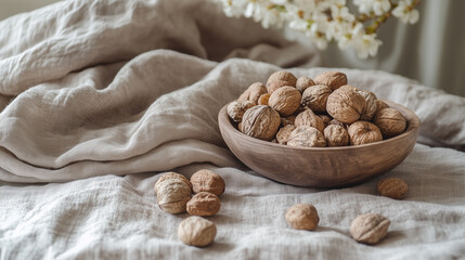 A close-up of a Mocha Mousse linen tablecloth with a bowl of organic nuts and dried fruits