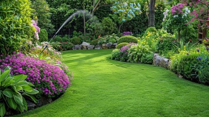 Lush garden with vibrant flowers and well-maintained lawn, showcasing a peaceful outdoor retreat