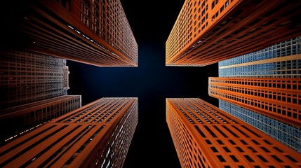 Cityscape Crossroads at Night: A dramatic low-angle shot captures four towering skyscrapers converging at a central point, their warm-toned exteriors contrasting with the dark night sky above.