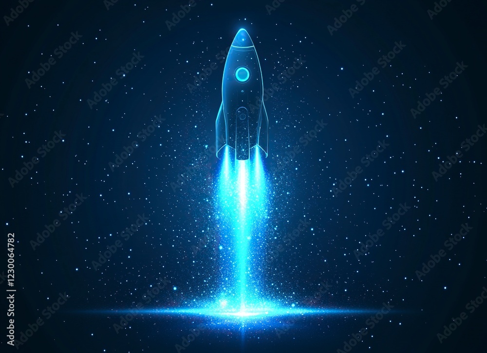 Poster abstract blue background with glowing light lines in the shape of a space rocket, a futuristic desig