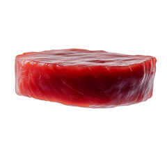 A thick, raw piece of red meat with a smooth surface and marbled texture, showcasing its freshness and quality.