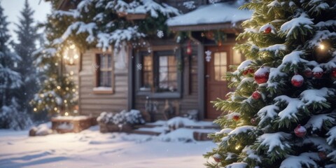 Snowy winter scene with Christmas decorations and snowflakes falling gently around a festive evergreen tree, snowy, frosty, festive