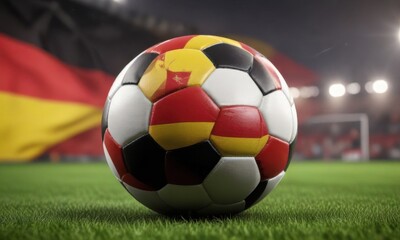 Naklejka premium Soccer ball with German flag waving in the background, sport, stadium, soccer