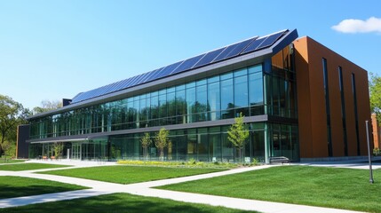 Fototapeta premium A modern college building with sleek glass walls, solar panels, and greenery integrated into the architecture, showcasing sustainable design