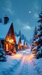 Fototapeta premium Snowy winter village with Christmas decorations, holiday, snow, christmas