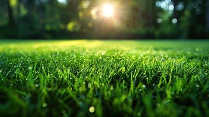 Naklejka premium Morning sunlight illuminating dew-covered grass in a serene garden setting, evoking tranquility